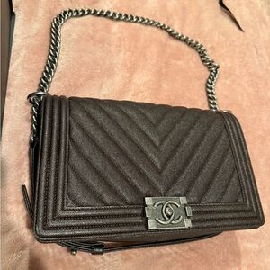 CHANEL Boy Chevron Quilted Shoulder Bag - Dark Brown